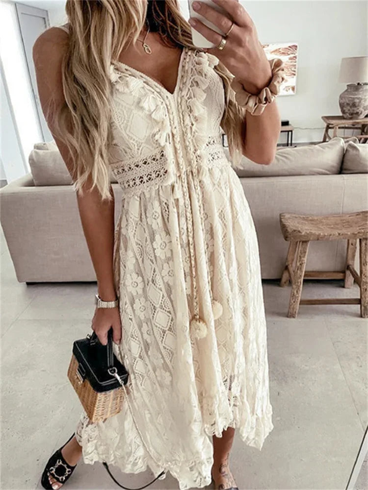 Lace Long Dress – Elegant Sleeveless V-Neck Summer Outfit — side view