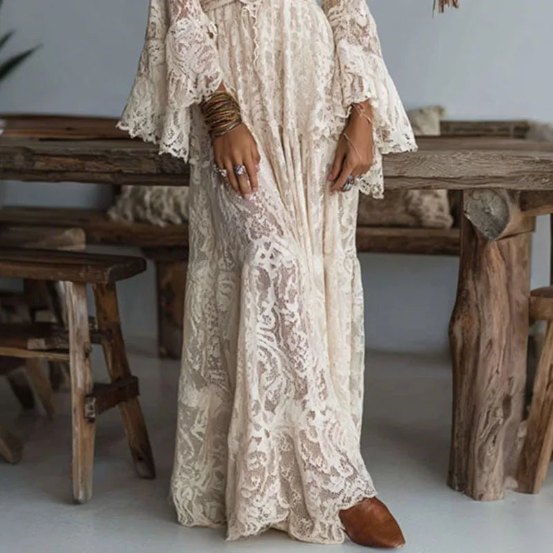 Lace Maxi Dress – Elegant Deep V Neck Formal Style for Wedding Guests — back view
