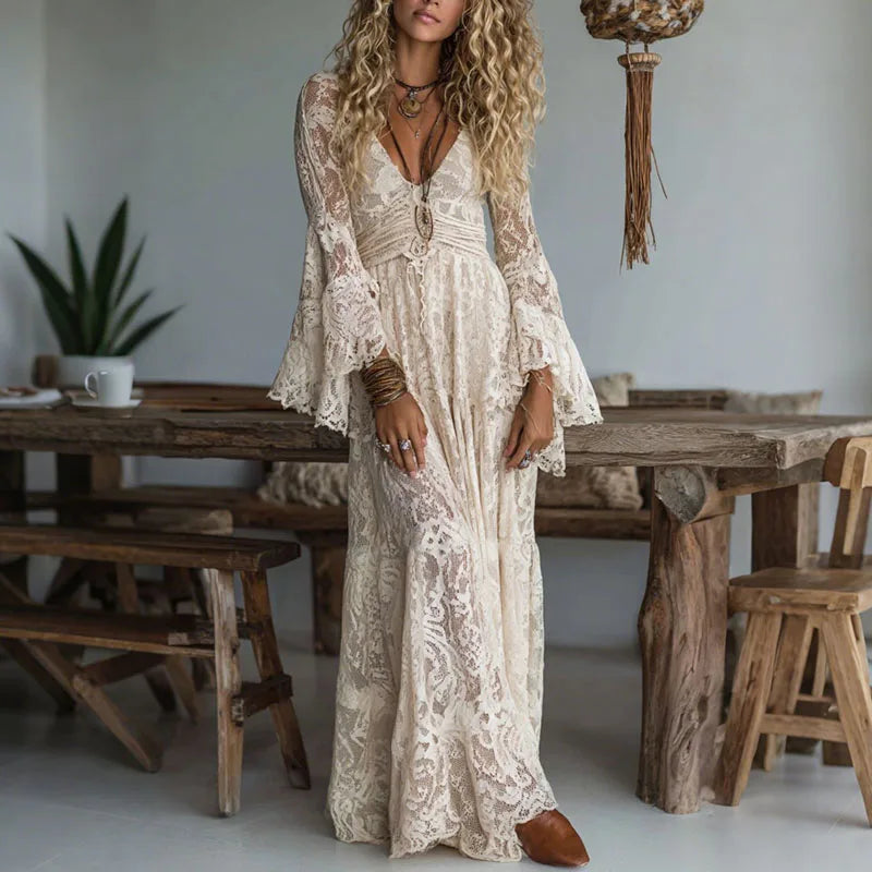 Lace Maxi Dress – Elegant Deep V Neck Formal Style for Wedding Guests — side view