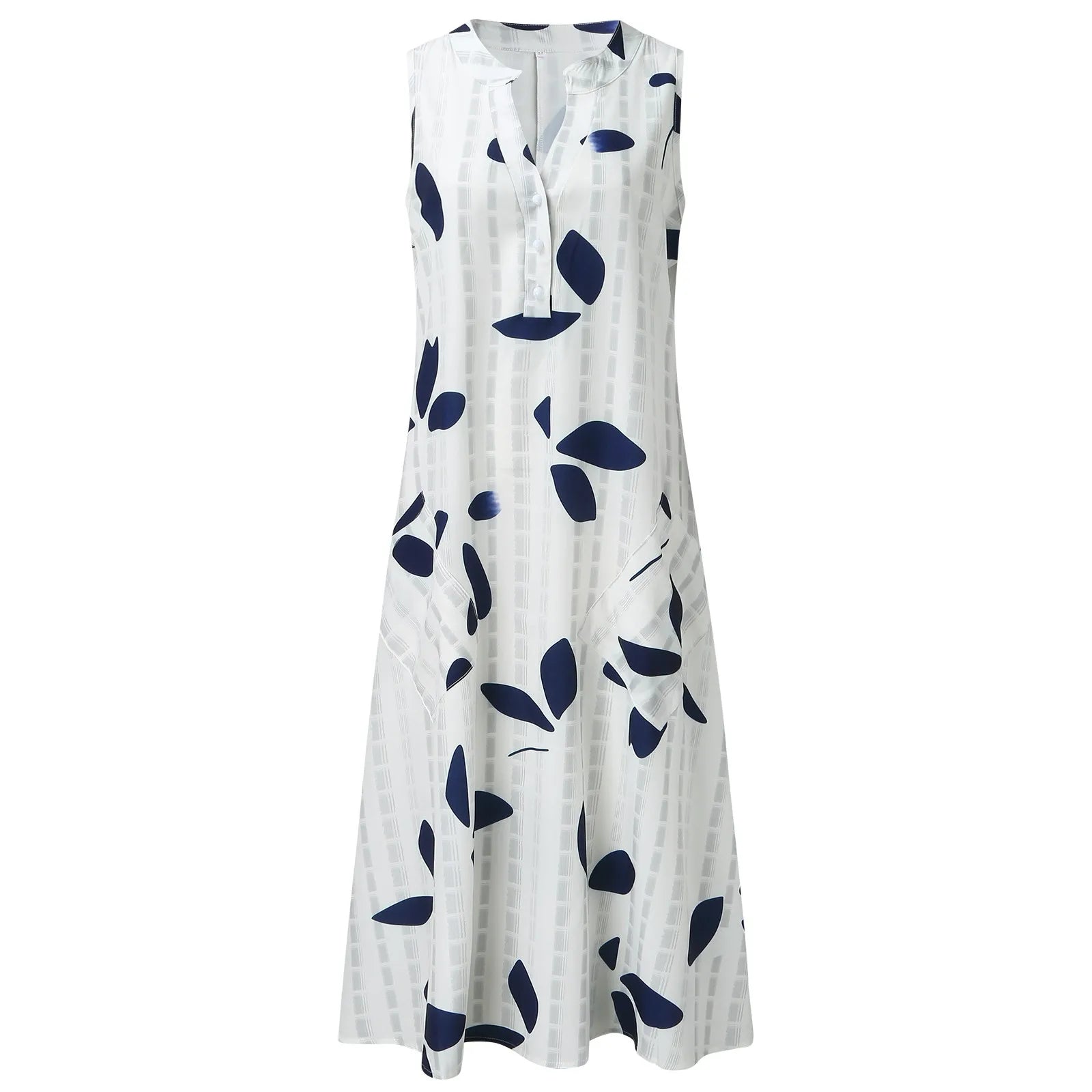 Leaf Print Maxi Dress – Stylish V-Neck Sleeveless Summer Outfit — close-up