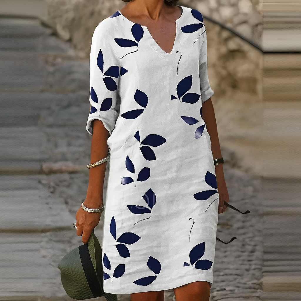 Leaf Print Sleeveless V-Neck Beach Dress with Side Slit — back view