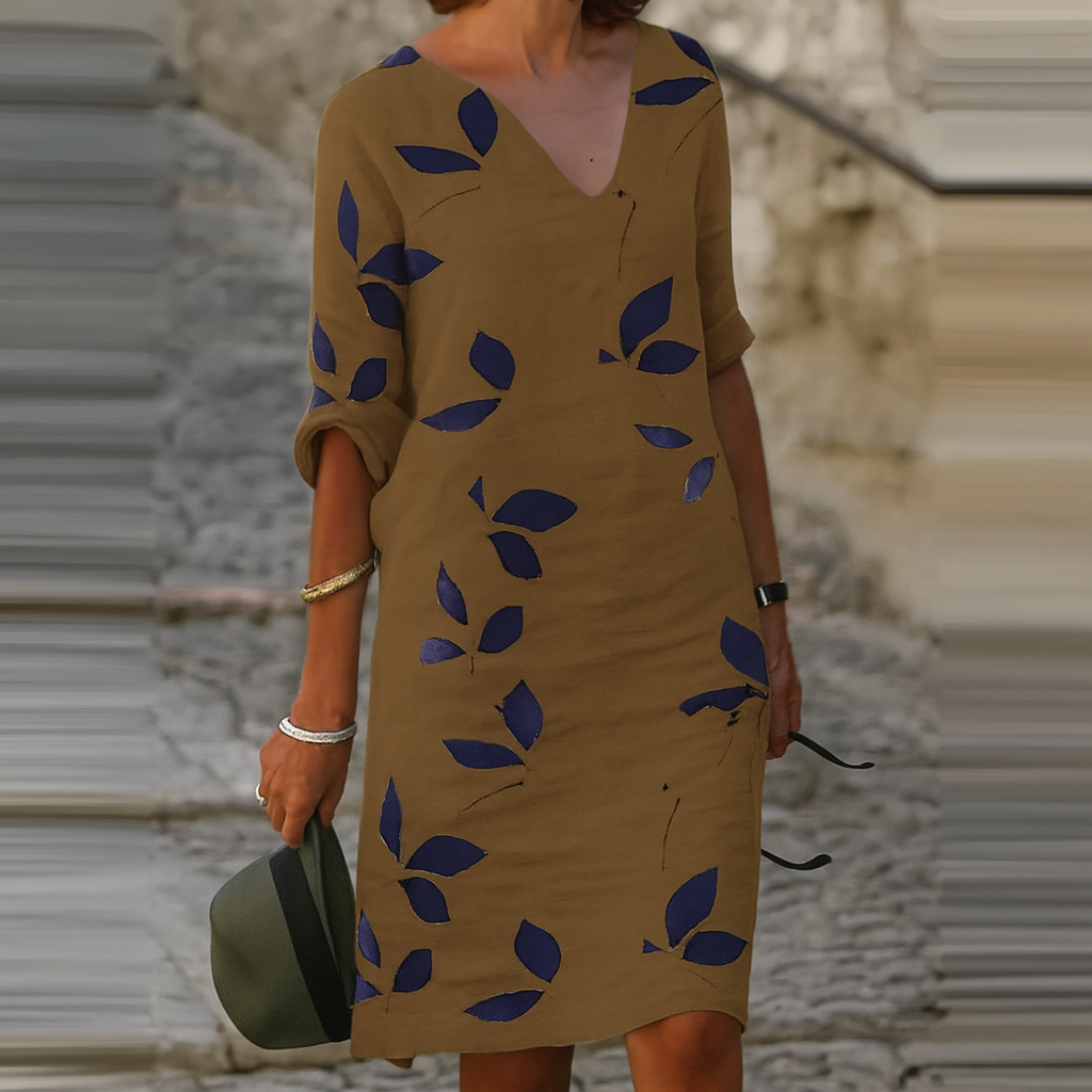 Leaf Print Sleeveless V-Neck Beach Dress with Side Slit — side view