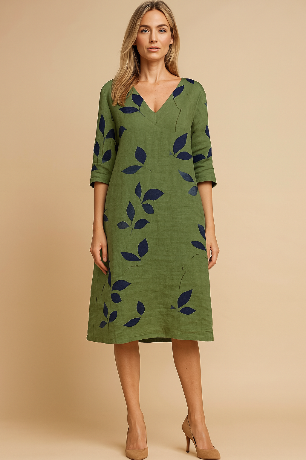 Leaf Print Sleeveless V-Neck Beach Dress with Side Slit