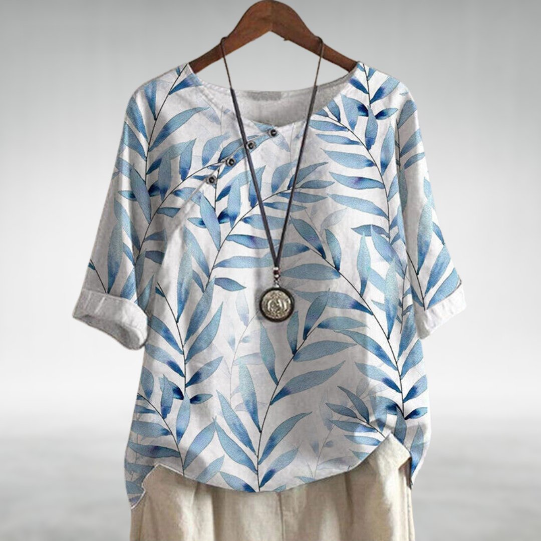 Lightweight Leaf Print Button-Up Blouse with Airy Drape — alternative angle