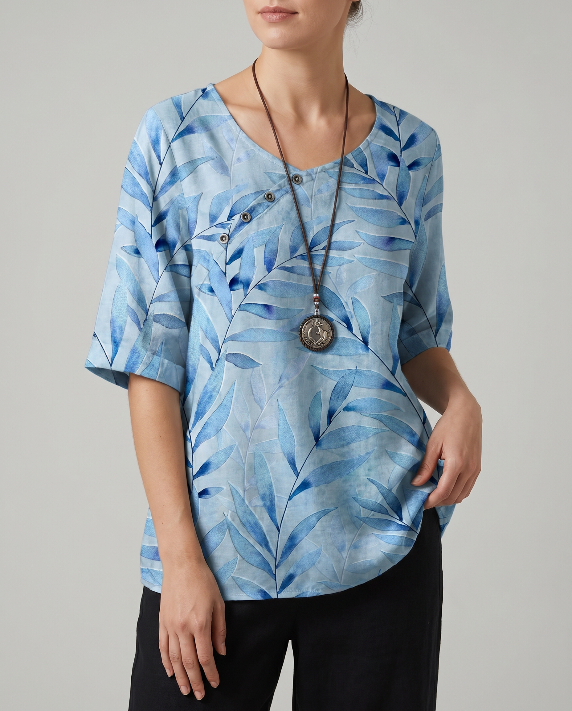 Lightweight Leaf Print Button-Up Blouse with Airy Drape — back view