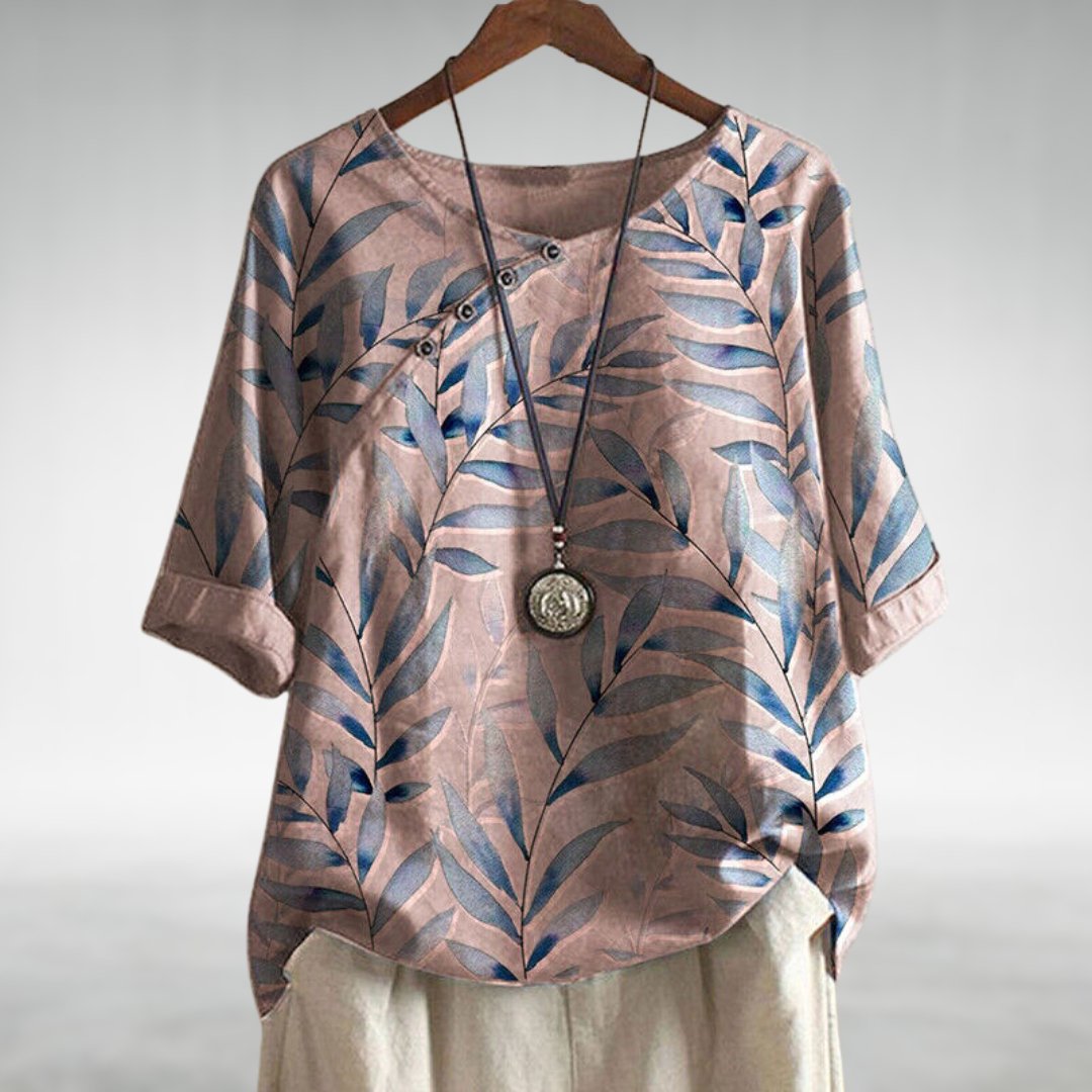 Lightweight Leaf Print Button-Up Blouse with Airy Drape — close-up