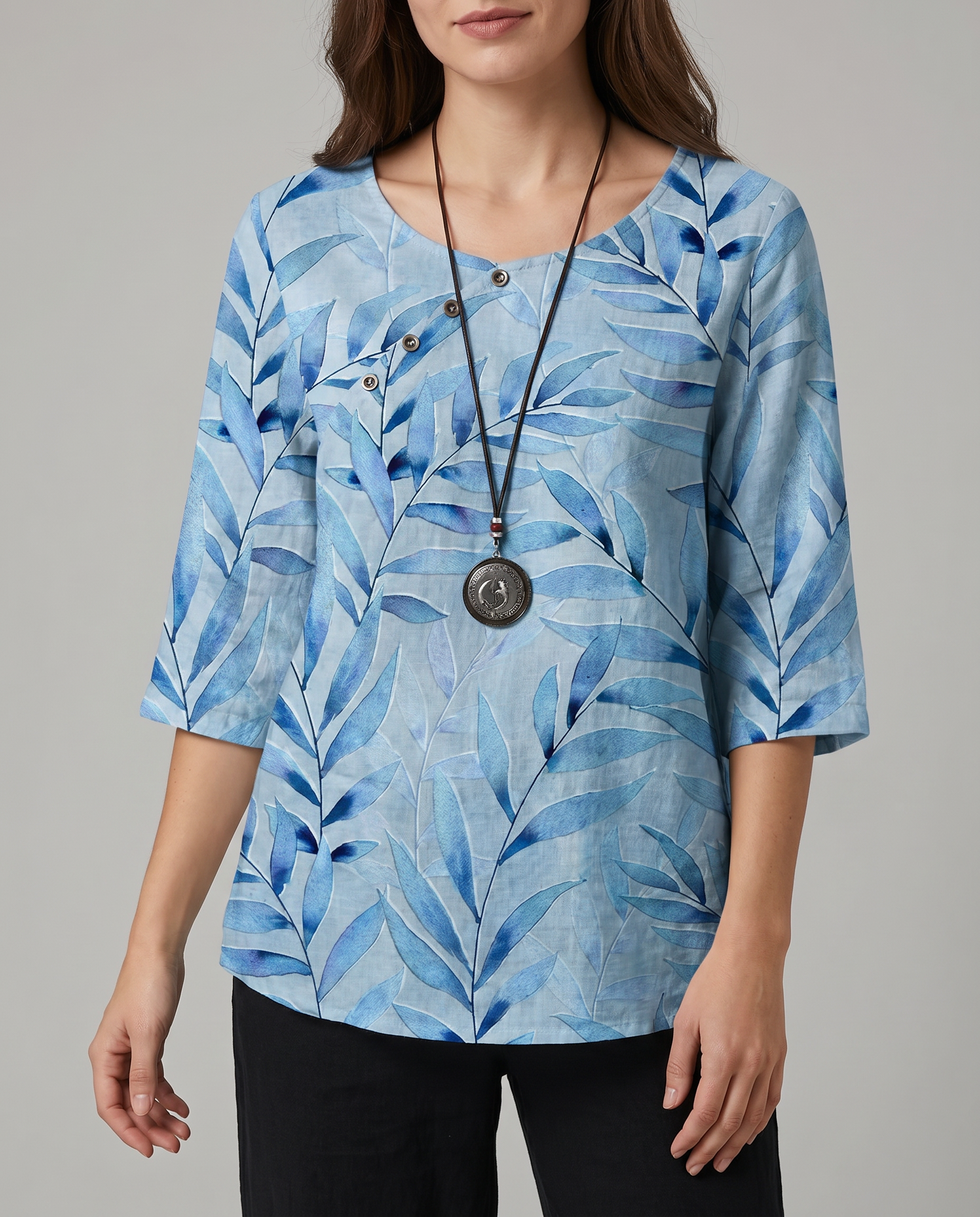 Lightweight Leaf Print Button-Up Blouse with Airy Drape — detail view