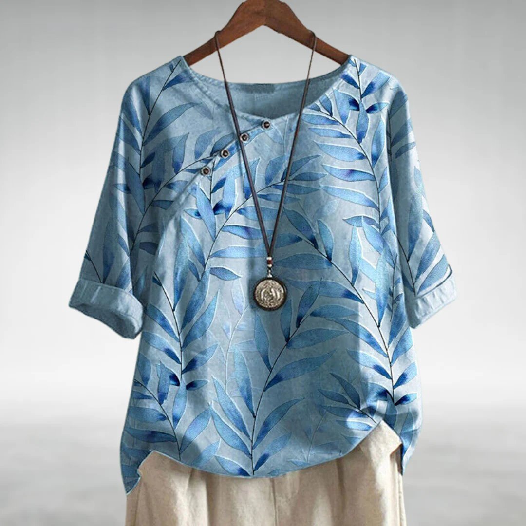 Lightweight Leaf Print Button-Up Blouse with Airy Drape — model wearing