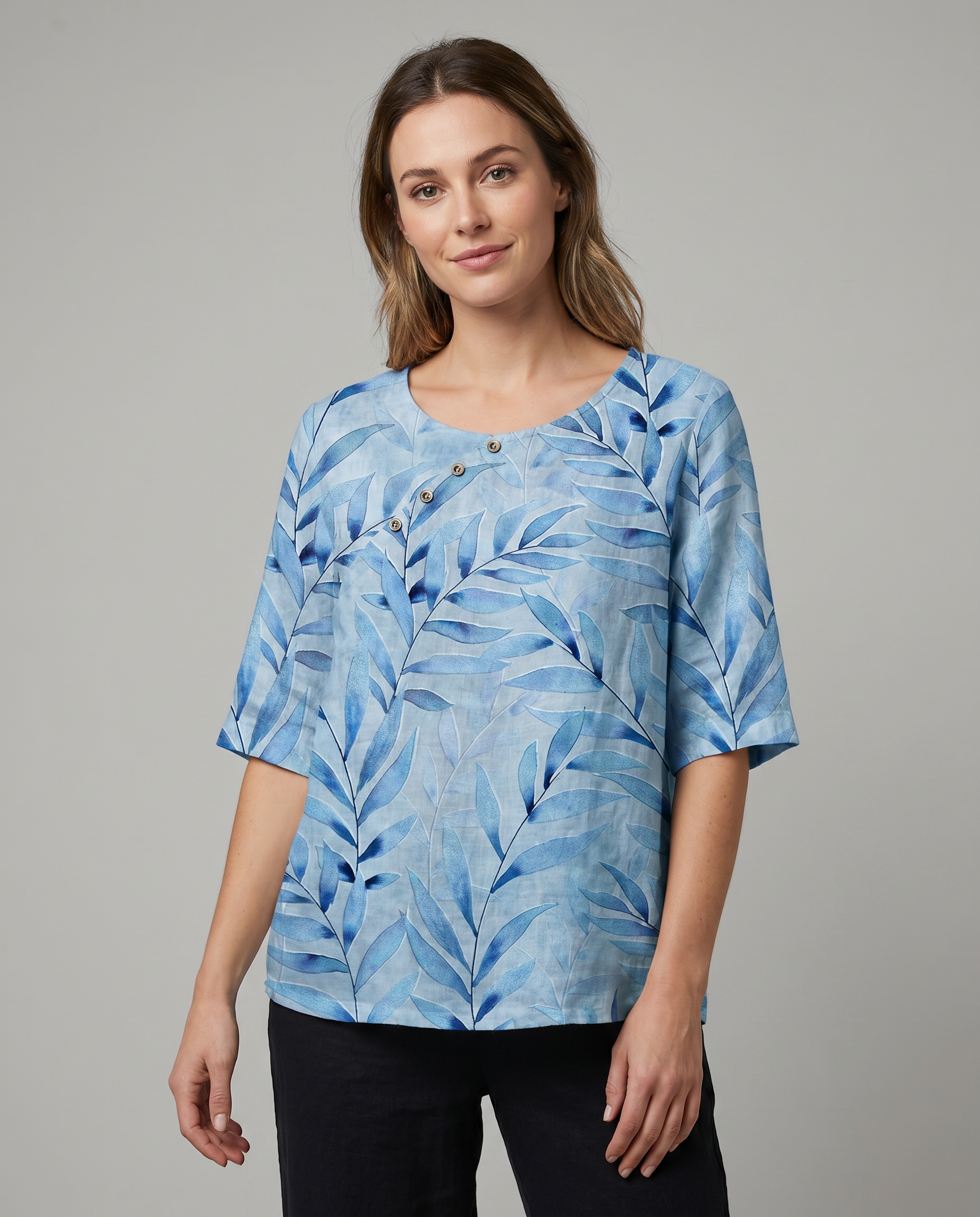 Lightweight Leaf Print Button-Up Blouse with Airy Drape — side view