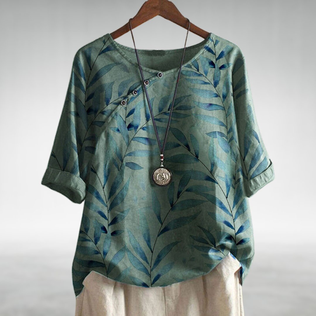 Lightweight Leaf Print Button-Up Blouse with Airy Drape — styling detail
