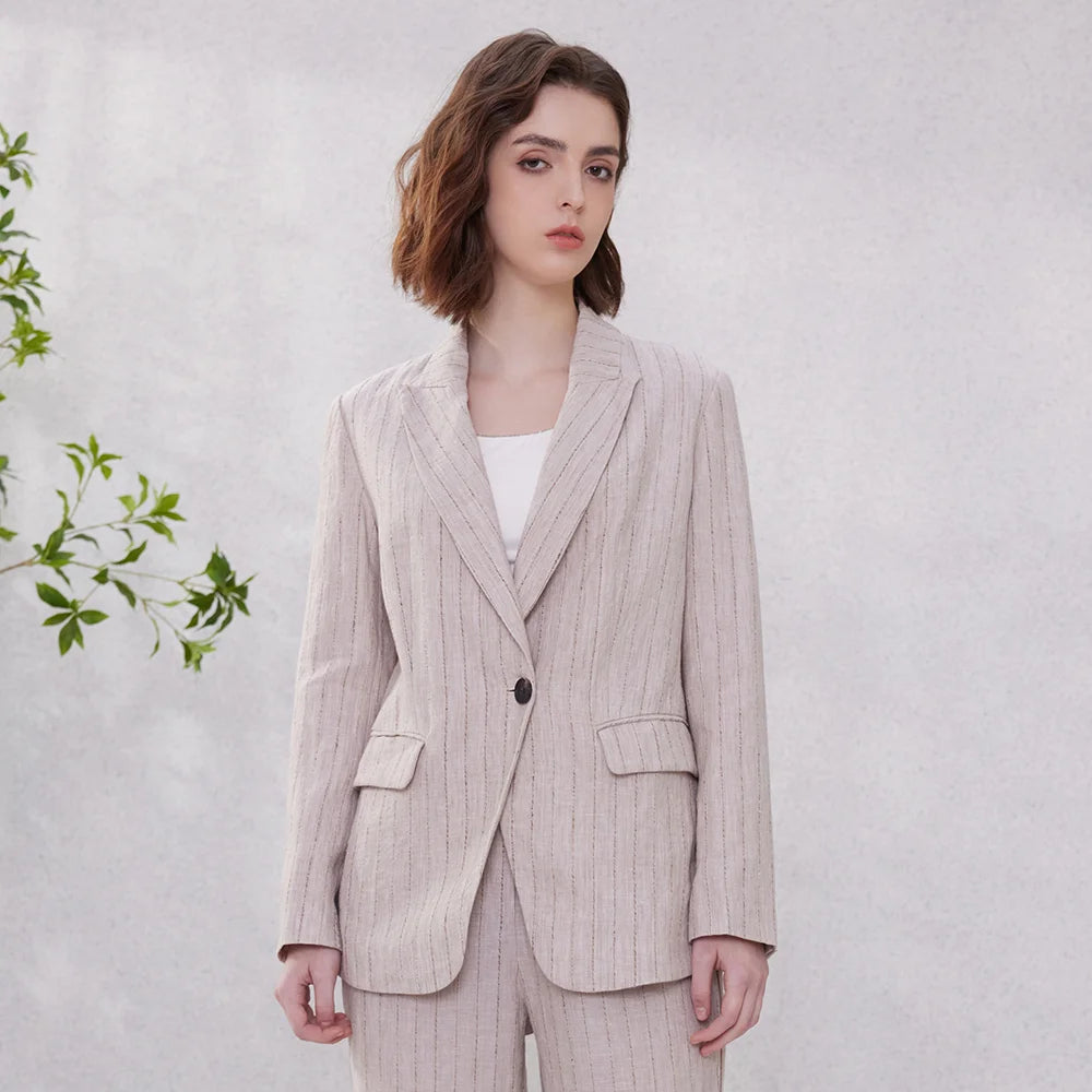 Linen Blazer – Stylish Stripe Design for Chic Office Wear — close-up