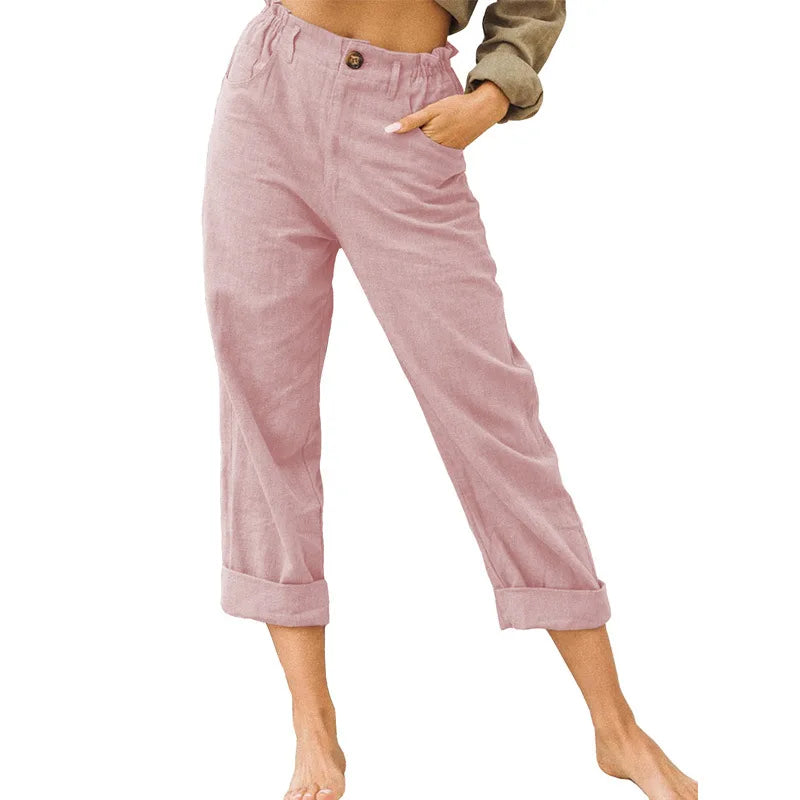 Linen Blend Cropped Pants – Breathable Casual Fit for Summer Outings — back close-up