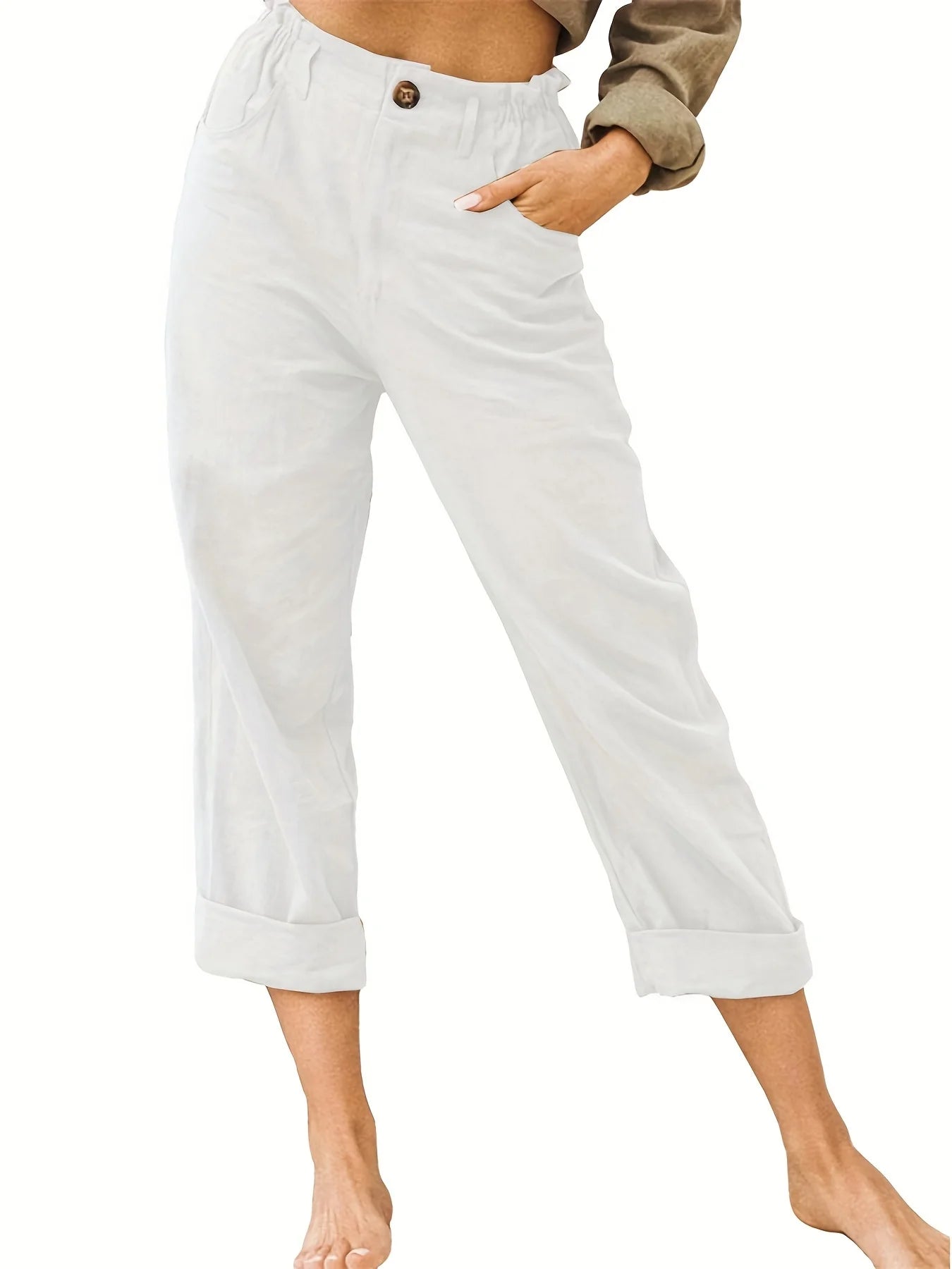 Linen Blend Cropped Pants – Breathable Casual Fit for Summer Outings — back view
