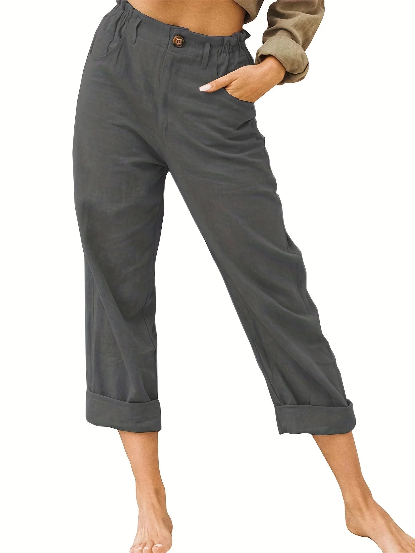 Linen Blend Cropped Pants – Breathable Casual Fit for Summer Outings — detail view