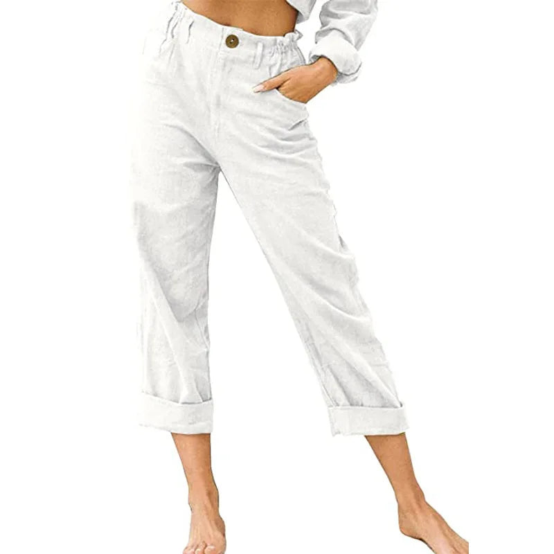 Linen Blend Cropped Pants – Breathable Casual Fit for Summer Outings — fabric detail