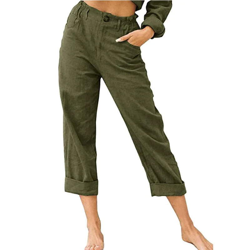 Linen Blend Cropped Pants – Breathable Casual Fit for Summer Outings — front close-up