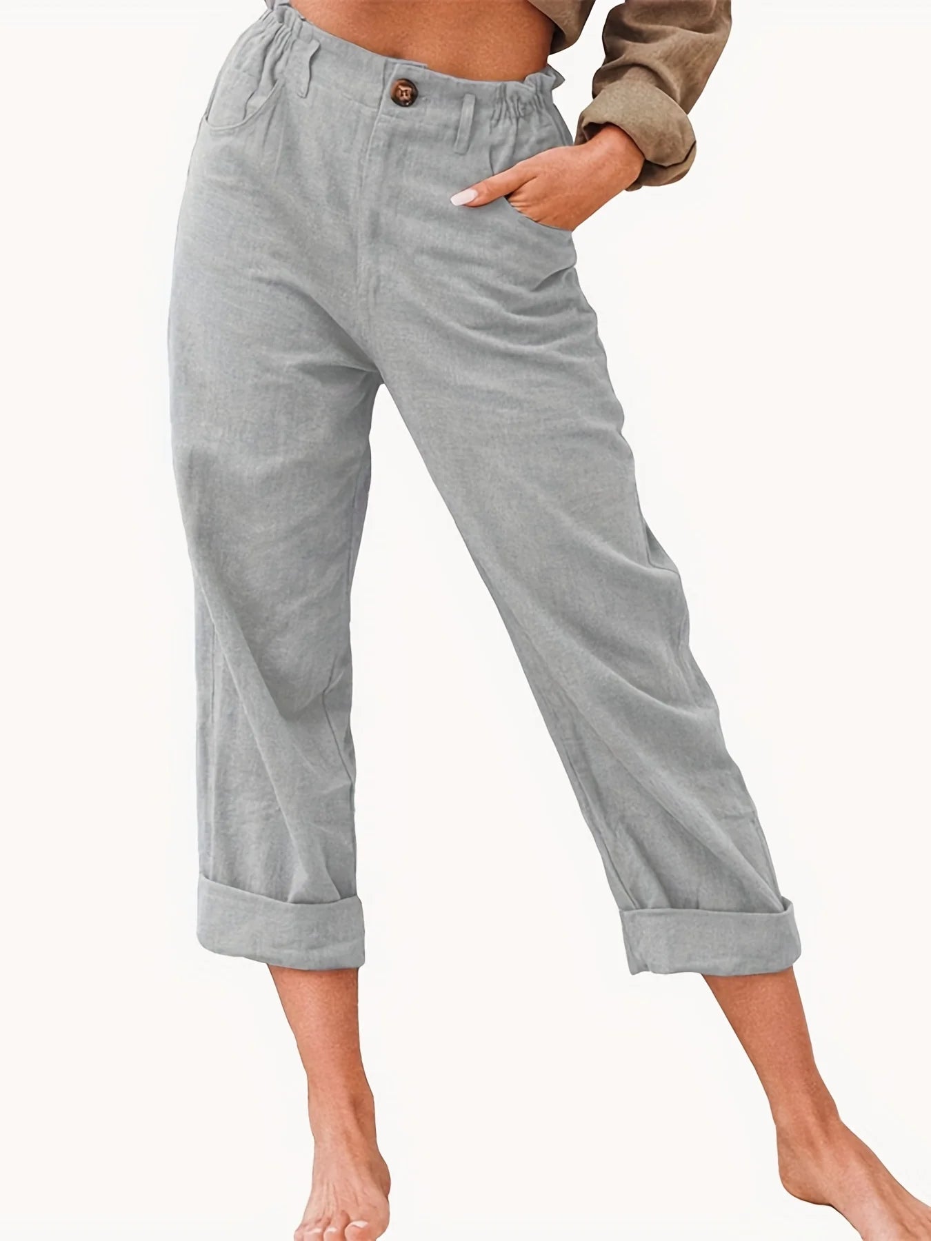 Linen Blend Cropped Pants – Breathable Casual Fit for Summer Outings