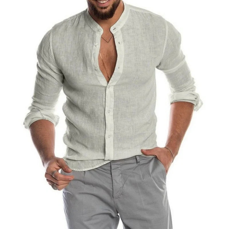 Linen Long Sleeve Shirt – Breathable Casual Summer Essential — model wearing