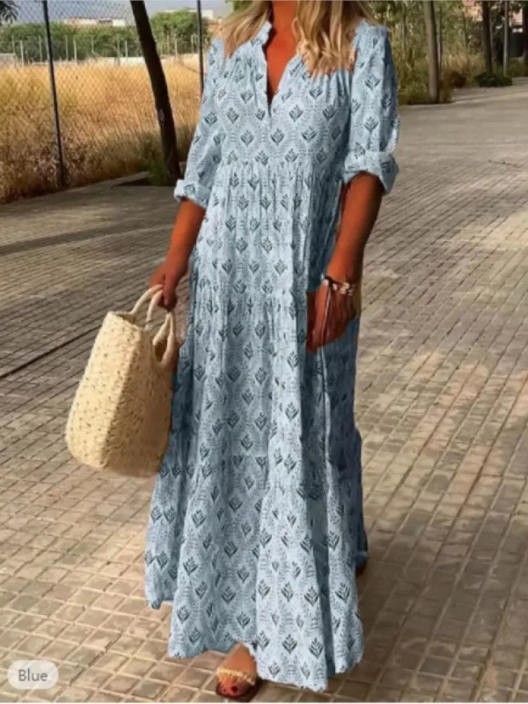 Long Dress – Vintage V-Neck Style for Casual Autumn Outings — detail view