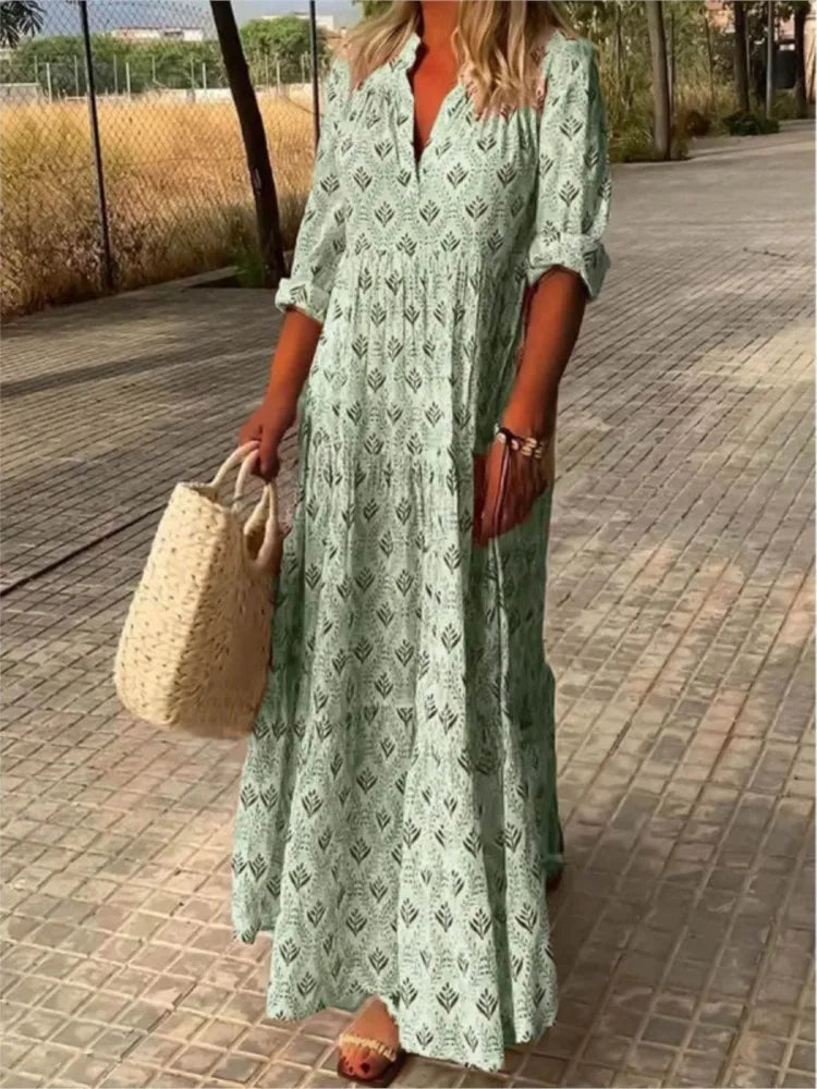 Long Dress – Vintage V-Neck Style for Casual Autumn Outings — model wearing