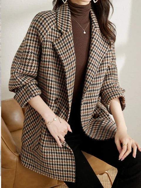 Long Houndstooth Checkered Blazer – Classic Autumn Winter Coat — back view