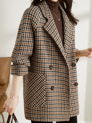 Long Houndstooth Checkered Blazer – Classic Autumn Winter Coat — detail view