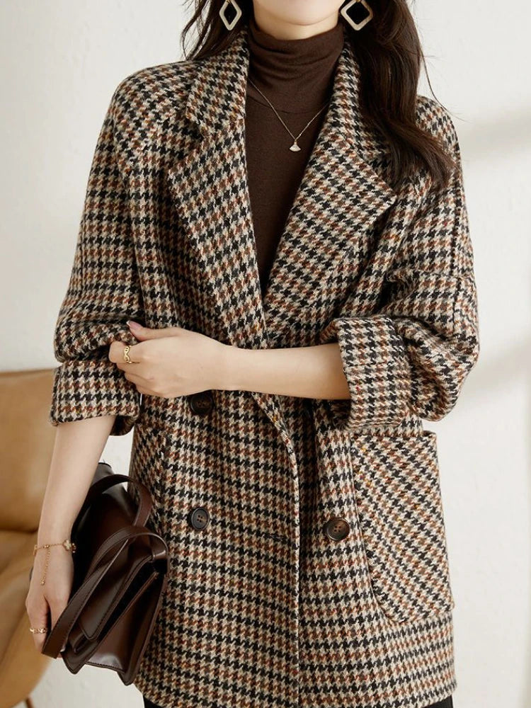 Long Houndstooth Checkered Blazer – Classic Autumn Winter Coat