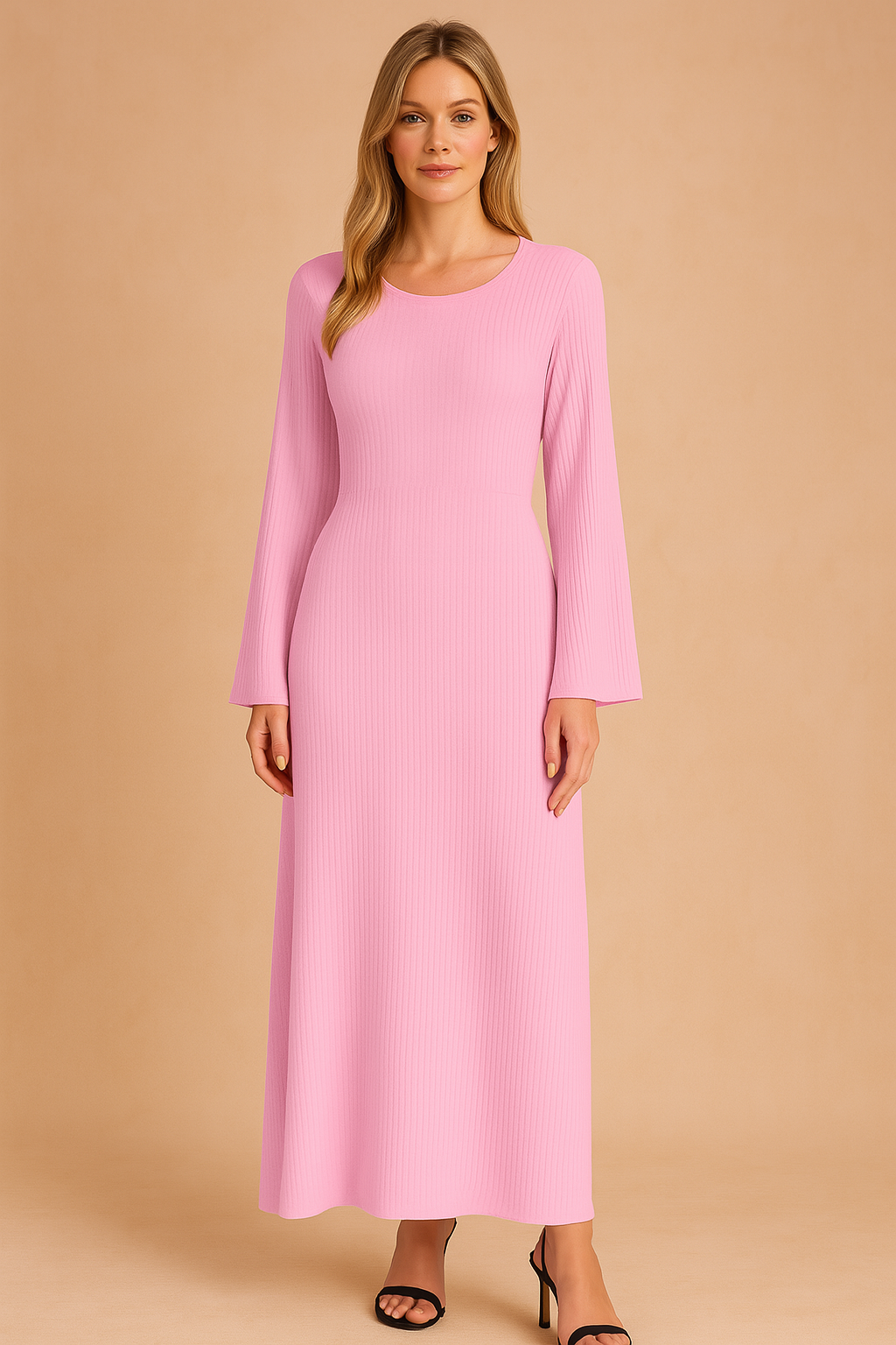 Long Puff Sleeve Knit Sweater Dress for Autumn and Winter — close-up