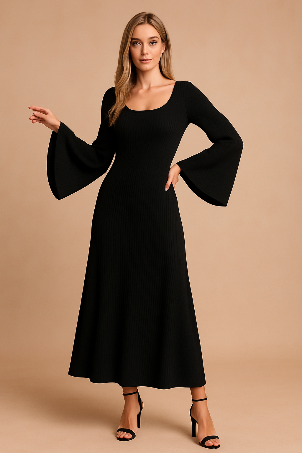 Long Puff Sleeve Knit Sweater Dress for Autumn and Winter — detail view
