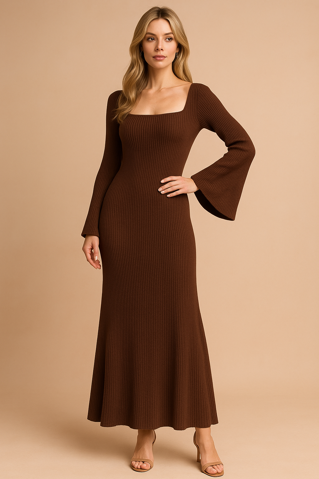Long Puff Sleeve Knit Sweater Dress for Autumn and Winter — model wearing