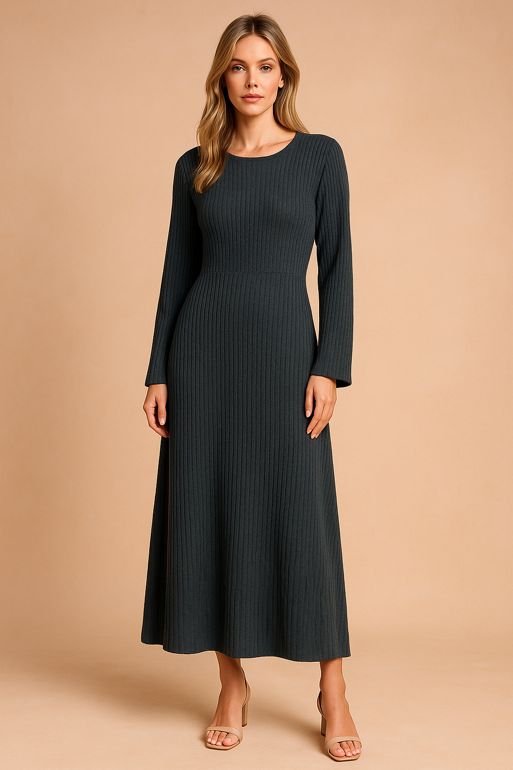 Long Puff Sleeve Knit Sweater Dress for Autumn and Winter — side view