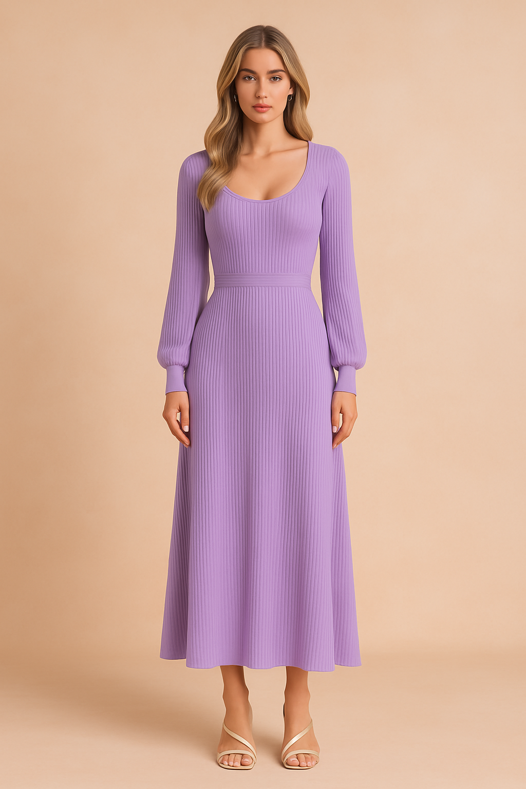 Long Puff Sleeve Knit Sweater Dress for Autumn and Winter