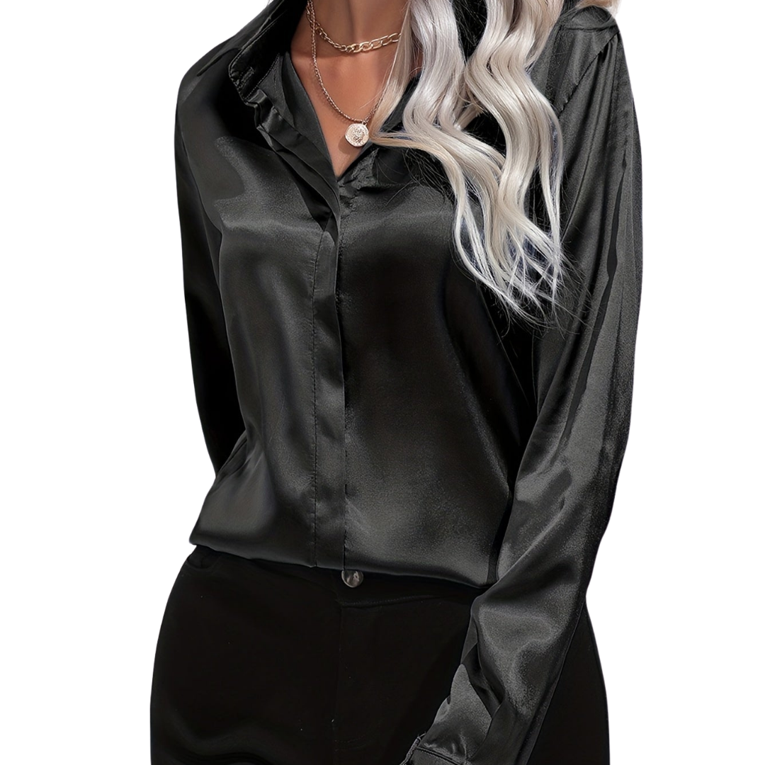 Long Sleeve Button-Down Blouse with Classic Tailored Cut — back view