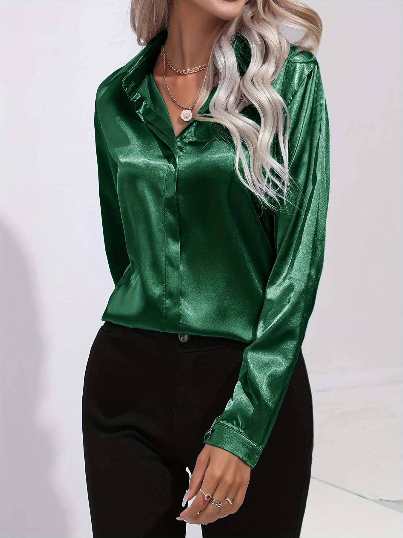 Long Sleeve Button-Down Blouse with Classic Tailored Cut — detail view