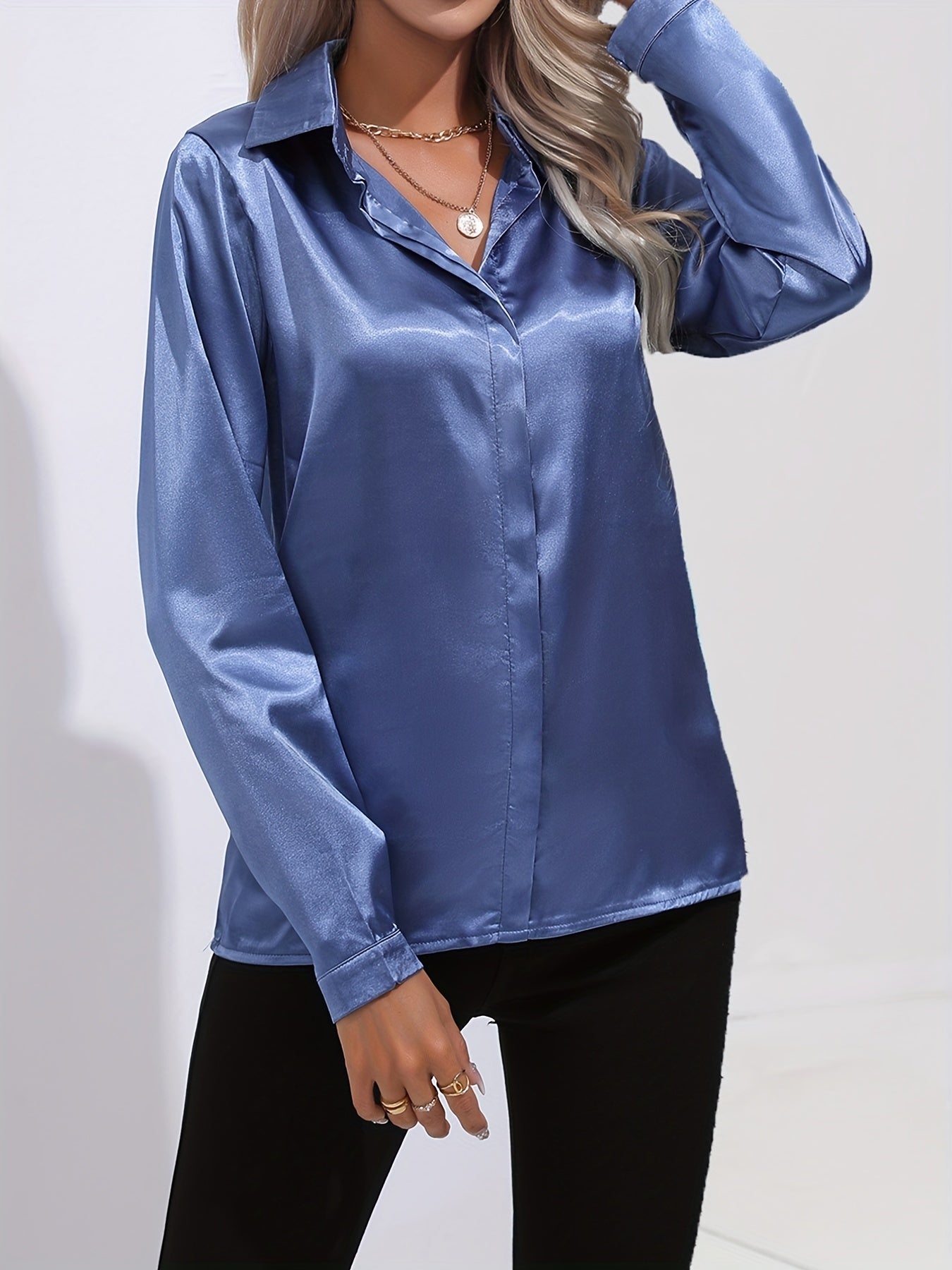 Long Sleeve Button-Down Blouse with Classic Tailored Cut — fabric detail