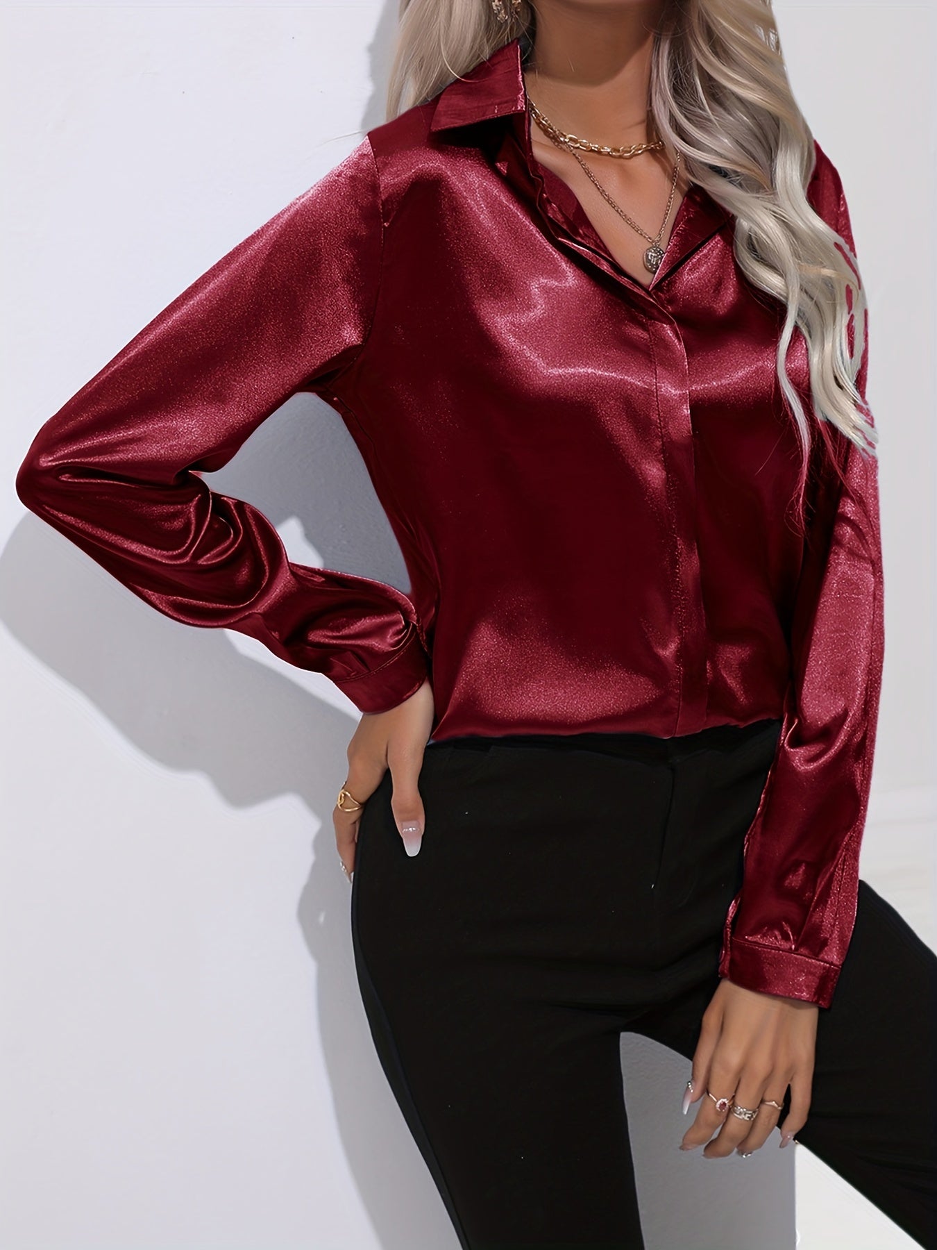 Long Sleeve Button-Down Blouse with Classic Tailored Cut — front close-up