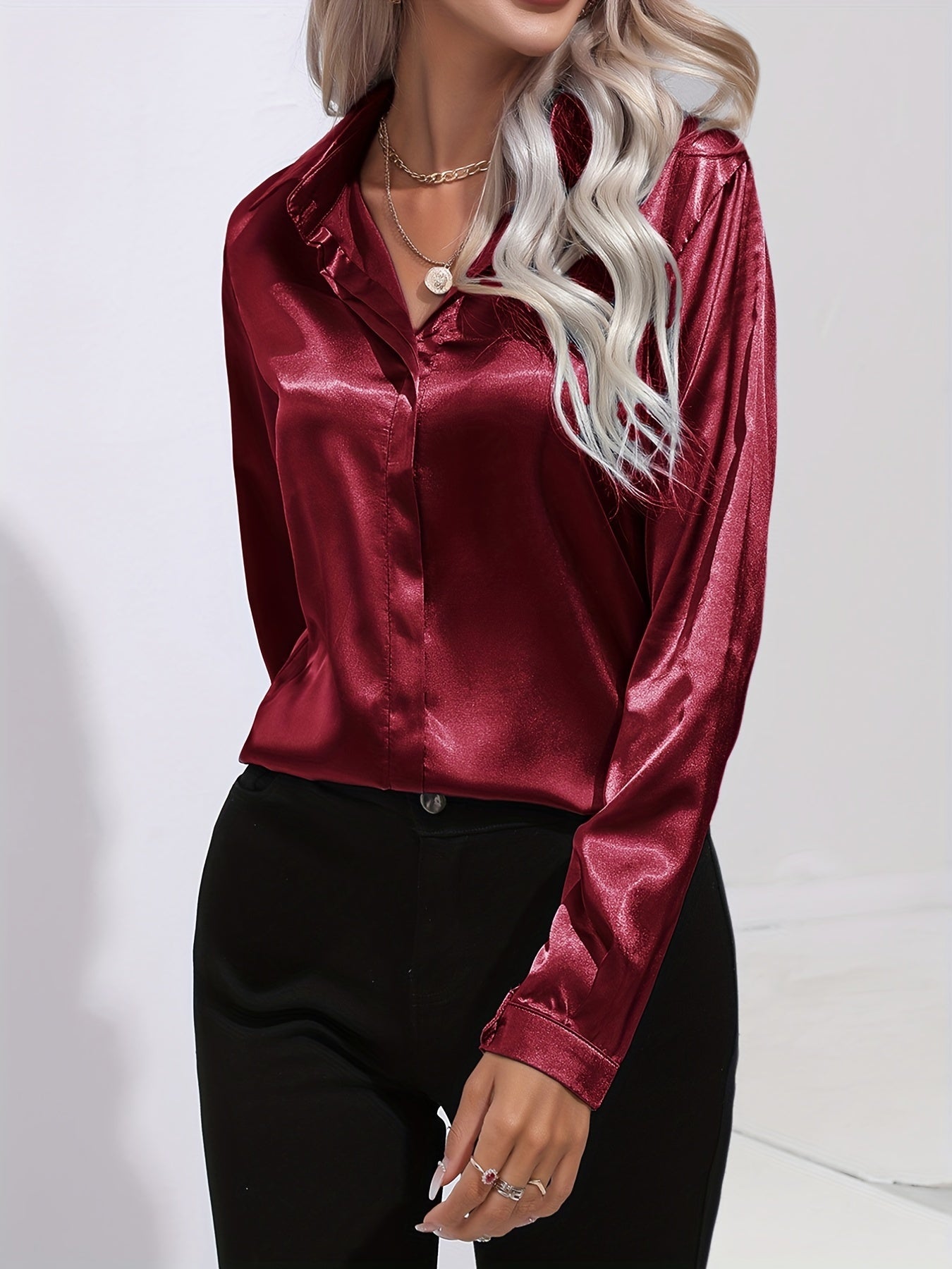 Long Sleeve Button-Down Blouse with Classic Tailored Cut — model wearing