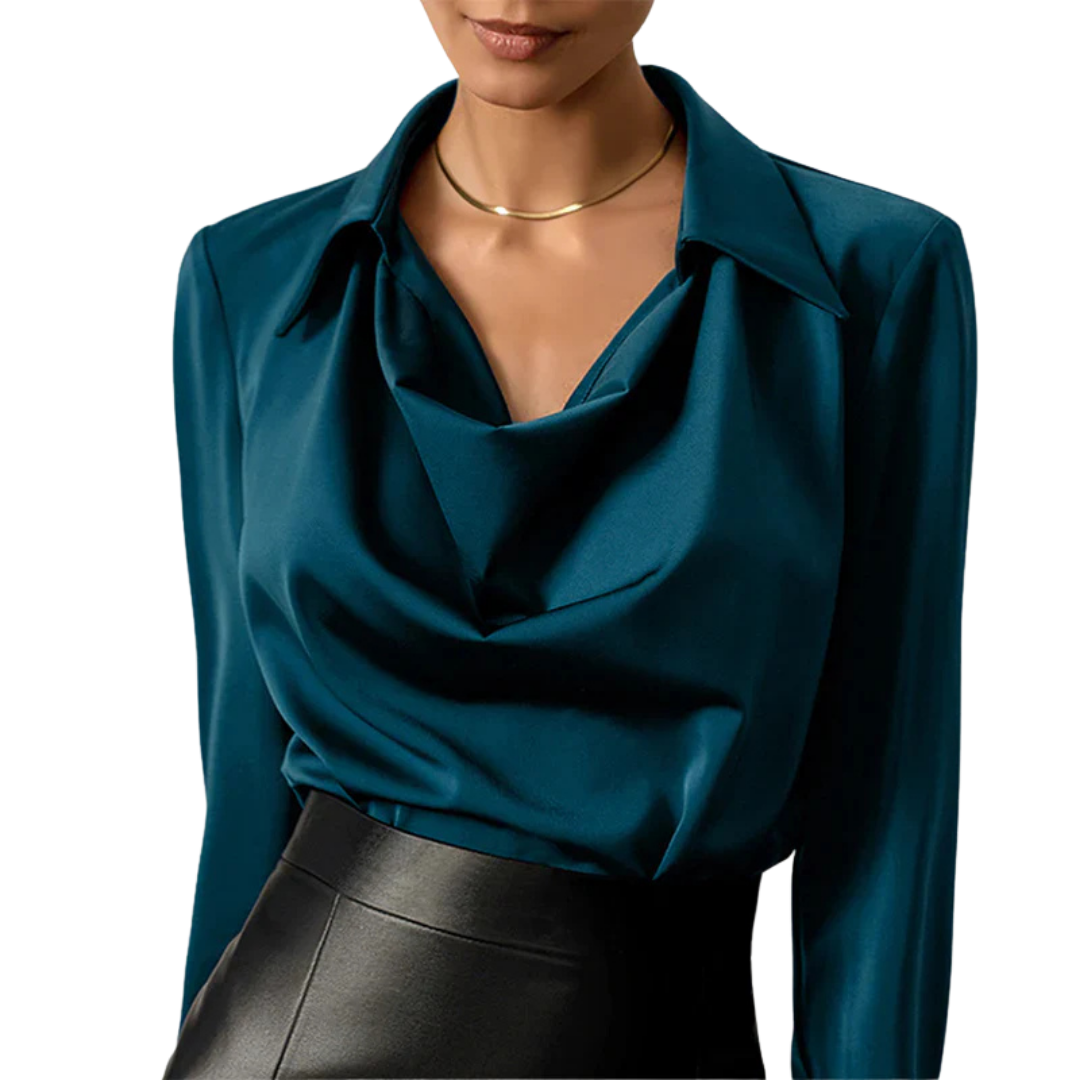 Long Sleeve Cowl Drape Blouse for Polished Wear — back view
