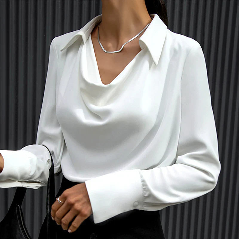 Long Sleeve Cowl Drape Blouse for Polished Wear — close-up