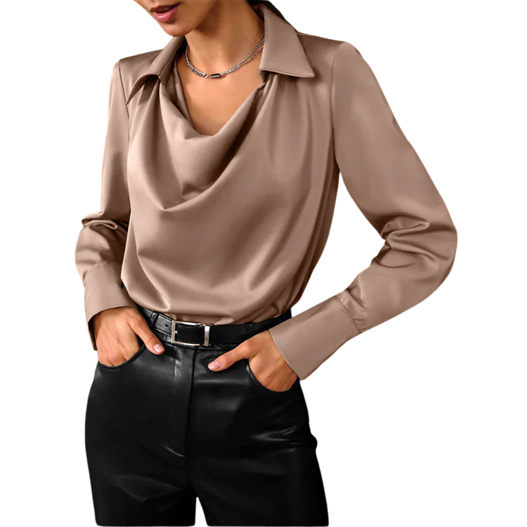 Long Sleeve Cowl Drape Blouse for Polished Wear — side view