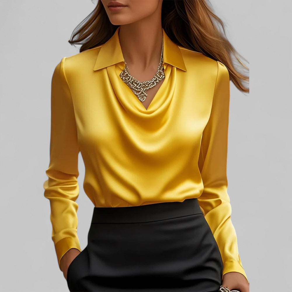 Long Sleeve Draped Neck Blouse with Fluid Drape — alternative angle