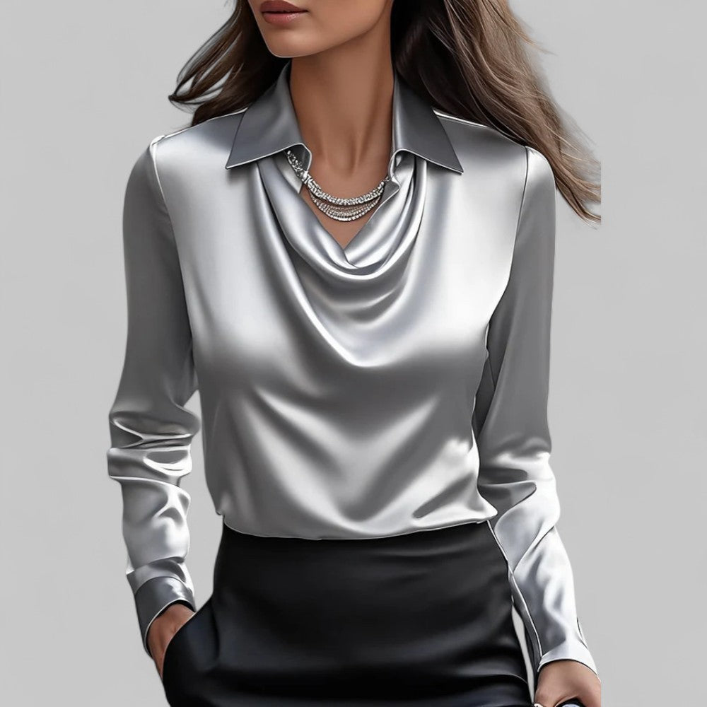 Long Sleeve Draped Neck Blouse with Fluid Drape — back view