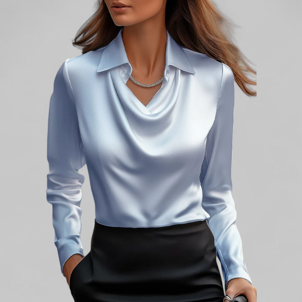 Long Sleeve Draped Neck Blouse with Fluid Drape — close-up