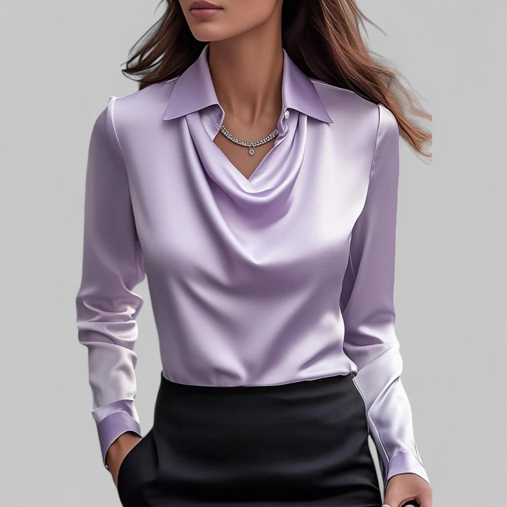 Long Sleeve Draped Neck Blouse with Fluid Drape — detail view