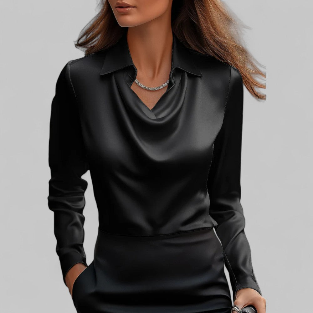 Long Sleeve Draped Neck Blouse with Fluid Drape — fabric detail