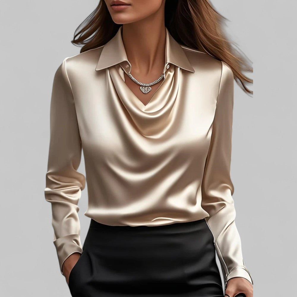 Long Sleeve Draped Neck Blouse with Fluid Drape — fit overview