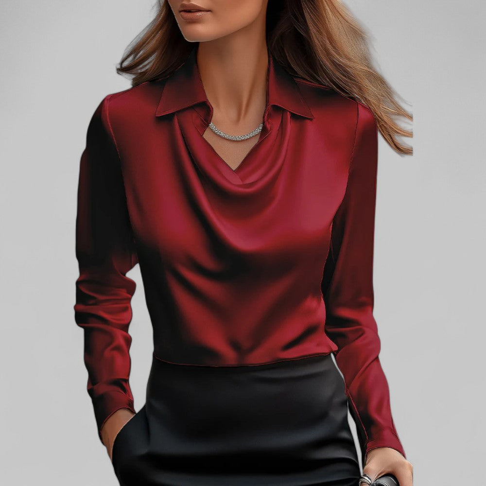 Long Sleeve Draped Neck Blouse with Fluid Drape — model wearing