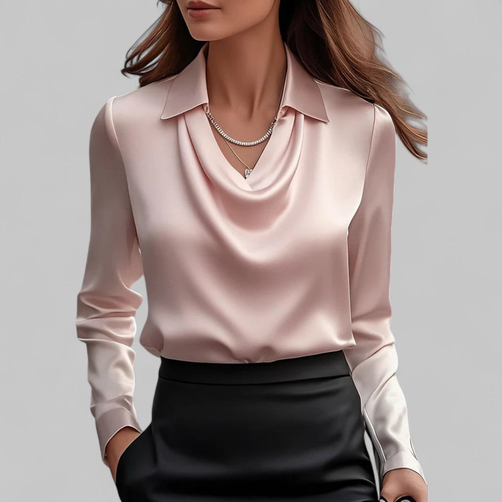 Long Sleeve Draped Neck Blouse with Fluid Drape — side view