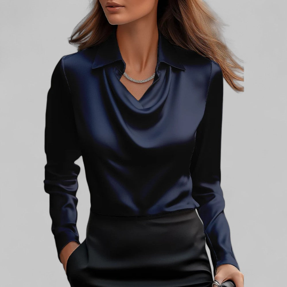 Long Sleeve Draped Neck Blouse with Fluid Drape — styling detail