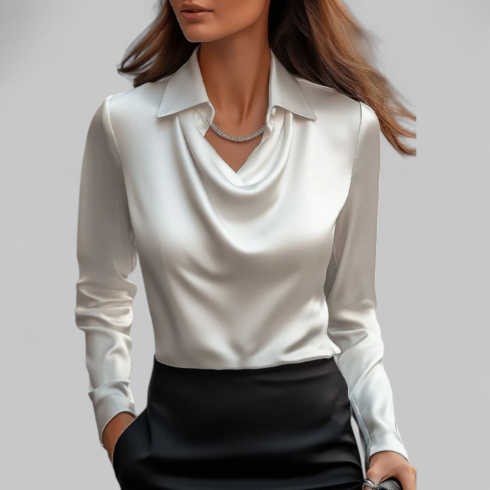 Long Sleeve Draped Neck Blouse with Fluid Drape